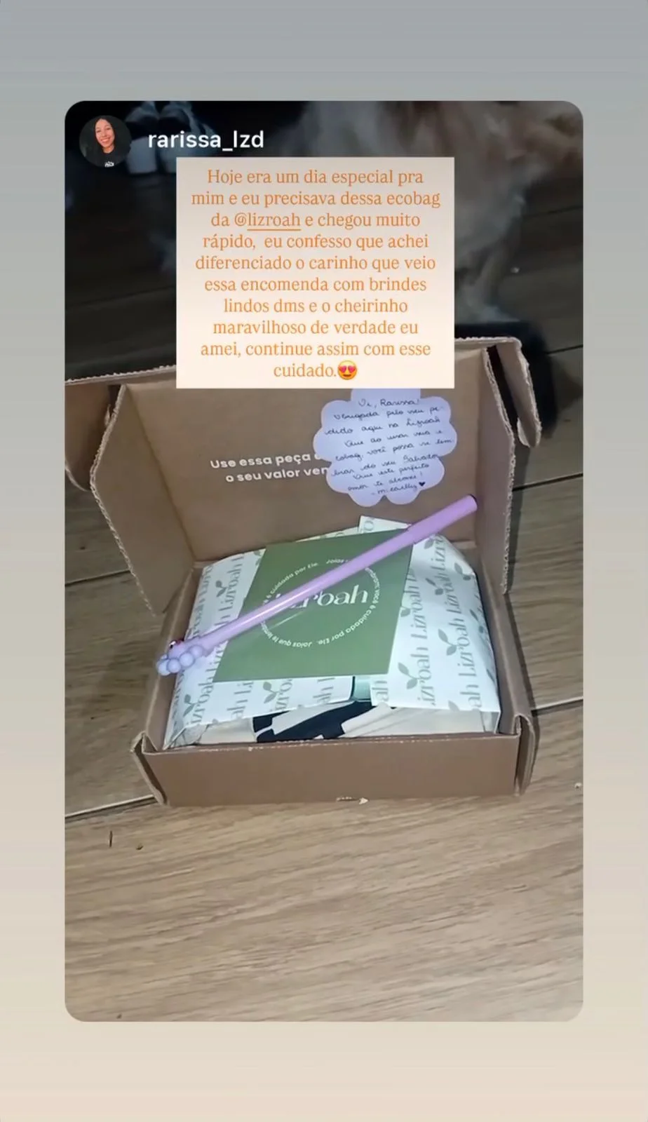 Print de cliente recebendo a encomenda Lizroah